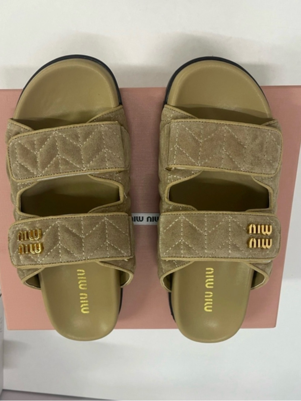 Miu Miu Quilted Beige Dual-Strap Slide Sandals with Gold Logo